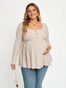 Plussiva Plus Size Maternity Casual Versatile Solid Color Long Sleeve Top Gender Reveal Cream Autumn After Birth Breast Feeding Friendly Fall Formal - Apricot - View 10