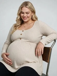 Plussiva Plus Size Maternity Casual Versatile Solid Color Long Sleeve Top Gender Reveal Cream Autumn After Birth Breast Feeding Friendly Fall Formal - Apricot - View 2