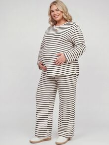 Plussiva Plus Size Striped Top And Pants 2 Pieces Set For Pregnant Women - Black and White - View 3