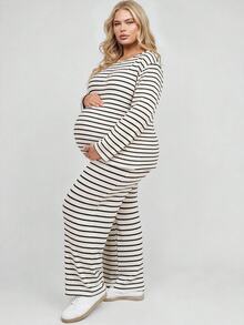Plussiva Plus Size Striped Top And Pants 2 Pieces Set For Pregnant Women - Black and White - View 2