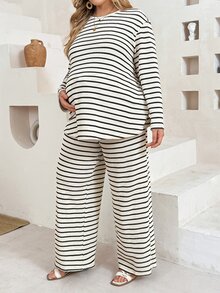 Plussiva Plus Size Striped Top And Pants 2 Pieces Set For Pregnant Women - Black and White - View 6