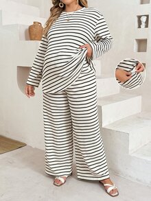Plussiva Plus Size Striped Top And Pants 2 Pieces Set For Pregnant Women - Black and White - View 5