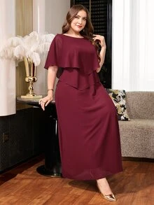 Reflora Gaun Pesta Elegan Warna Polos Ukuran Besar - Burgundy - View 6