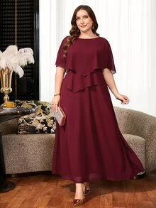 Reflora Gaun Pesta Elegan Warna Polos Ukuran Besar - Burgundy - View 4