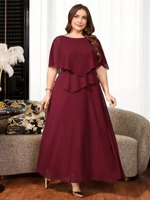 Reflora Gaun Pesta Elegan Warna Polos Ukuran Besar - Burgundy - View 5