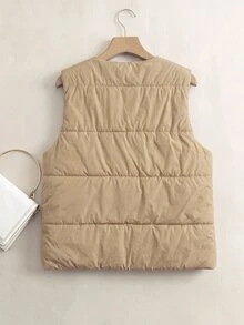 Rusticease Fall Outfits Women Reversible Jacket Insulated Padded Vest Light Brown Solid Color Single-Breasted Casual Retro Everyday Going Out Hiking Night Coat - Multicolor - View 2