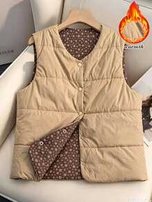 Rusticease Fall Outfits Women Reversible Jacket Insulated Padded Vest Light Brown Solid Color Single-Breasted Casual Retro Everyday Going Out Hiking Night Coat - Multicolor - View 1