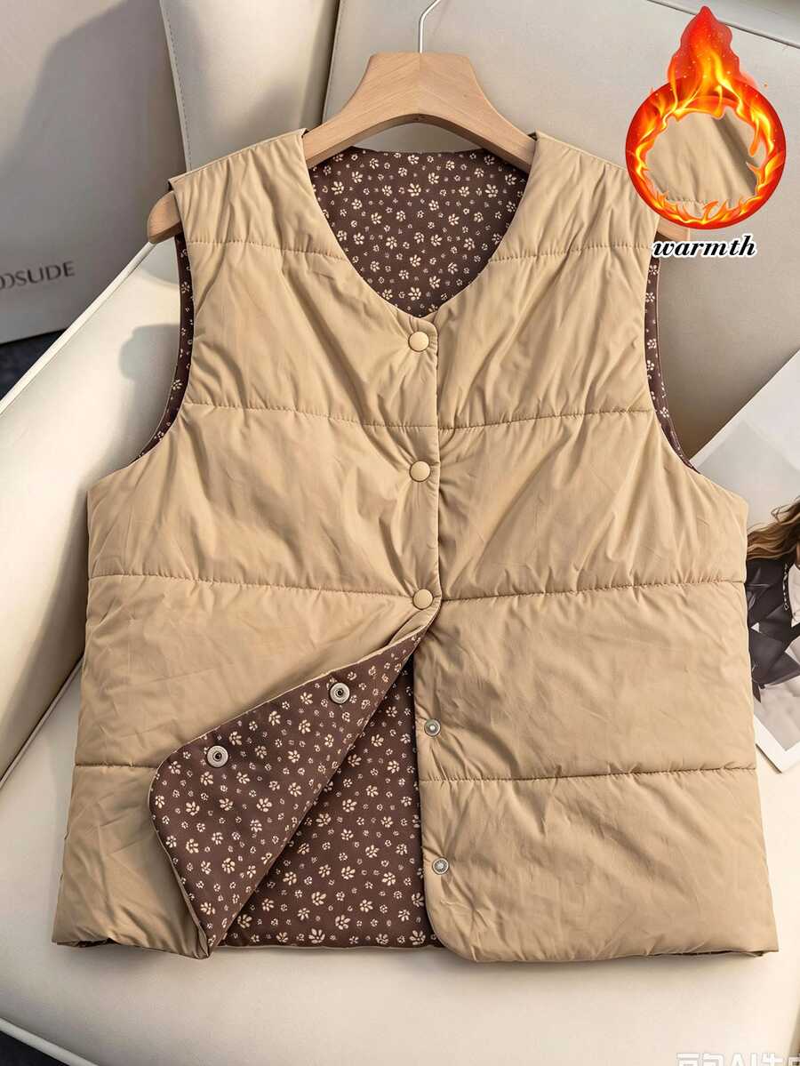 Rusticease Fall Outfits Women Reversible Jacket Insulated Padded Vest Light Brown Solid Color Single-Breasted Casual Retro Everyday Going Out Hiking Night Coat - Multicolor - View 1