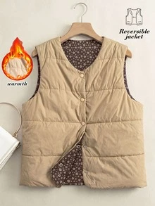 Rusticease Fall Outfits Women Reversible Jacket Insulated Padded Vest Light Brown Solid Color Single-Breasted Casual Retro Everyday Going Out Hiking Night Coat - Multicolor - View 4