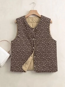 Rusticease Fall Outfits Women Reversible Jacket Insulated Padded Vest Light Brown Solid Color Single-Breasted Casual Retro Everyday Going Out Hiking Night Coat - Multicolor - View 8