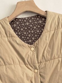 Rusticease Fall Outfits Women Reversible Jacket Insulated Padded Vest Light Brown Solid Color Single-Breasted Casual Retro Everyday Going Out Hiking Night Coat - Multicolor - View 5