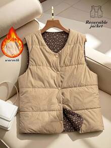 Rusticease Fall Outfits Women Reversible Jacket Insulated Padded Vest Light Brown Solid Color Single-Breasted Casual Retro Everyday Going Out Hiking Night Coat - Multicolor - View 3