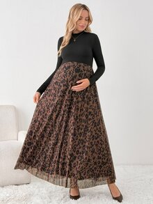 SHEIN Maternity Solid Color Long Sleeve Top And Adjustable Waist Leopard Print Skirt Casual Daily 2-Piece Set Winter - Multicolor - View 4