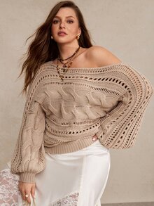 Freevana Plus Size Solid Color Hollow Knit Sweater Formal Vacation Khaki Fall Casual Loose Fit Boho Traditional Evening - Khaki - View 4