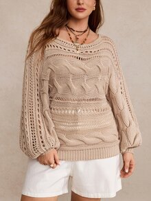 Freevana Plus Size Solid Color Hollow Knit Sweater Formal Vacation Khaki Fall Casual Loose Fit Boho Traditional Evening - Khaki - View 3