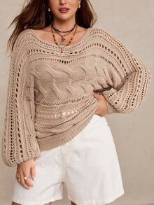 Freevana Plus Size Solid Color Hollow Knit Sweater Formal Vacation Khaki Fall Casual Loose Fit Boho Traditional Evening - Khaki - View 5