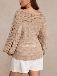 Freevana Plus Size Solid Color Hollow Knit Sweater Formal Vacation Khaki Fall Casual Loose Fit Boho Traditional Evening - Khaki - View 2