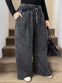 SHEIN LUNE Plus Size Casual Washed Distressed Sweatpants - Black - View 3