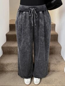 SHEIN LUNE Plus Size Casual Washed Distressed Sweatpants - Black - View 4