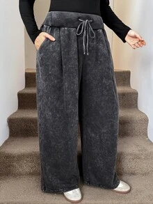 SHEIN LUNE Plus Size Casual Washed Distressed Sweatpants - Black - View 5