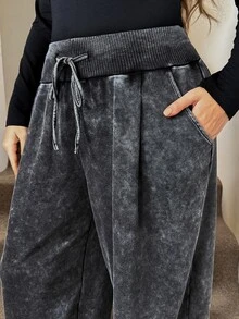 SHEIN LUNE Plus Size Casual Washed Distressed Sweatpants - Black - View 6