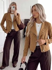 SHEIN LUNE Plus Size Women's Solid Color Zipper Casual Versatile Daily Long Sleeve Jacket Autumn Brown - Brown - View 10