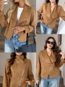 SHEIN LUNE Plus Size Women's Solid Color Zipper Casual Versatile Daily Long Sleeve Jacket Autumn Brown - Brown - View 8
