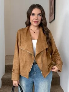 SHEIN LUNE Plus Size Women's Solid Color Zipper Casual Versatile Daily Long Sleeve Jacket Autumn Brown - Brown - View 11