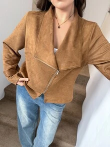 SHEIN LUNE Plus Size Women's Solid Color Zipper Casual Versatile Daily Long Sleeve Jacket Autumn Brown - Brown - View 5