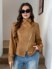SHEIN LUNE Plus Size Women's Solid Color Zipper Casual Versatile Daily Long Sleeve Jacket Autumn Brown - Brown - View 4