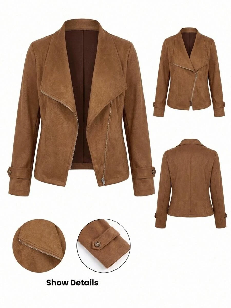 SHEIN LUNE Plus Size Women's Solid Color Zipper Casual Versatile Daily Long Sleeve Jacket Autumn Brown - Brown - View 1