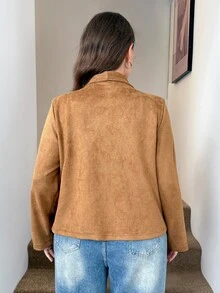 SHEIN LUNE Plus Size Women's Solid Color Zipper Casual Versatile Daily Long Sleeve Jacket Autumn Brown - Brown - View 9