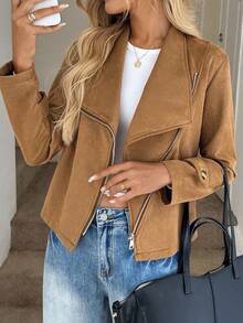 SHEIN LUNE Plus Size Women's Solid Color Zipper Casual Versatile Daily Long Sleeve Jacket Autumn Brown - Brown - View 2