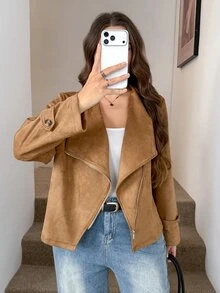 SHEIN LUNE Plus Size Women's Solid Color Zipper Casual Versatile Daily Long Sleeve Jacket Autumn Brown - Brown - View 3