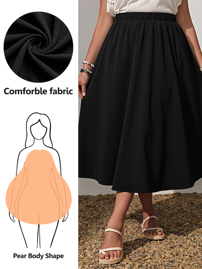 SHEIN PETITE CURVE 女款大尺碼黑色夏季休閒優雅登山純色鬆緊腰擺褶鬆身中長 A 字裙，適合海灘、早午餐、辦公室、度假，小個子適用
