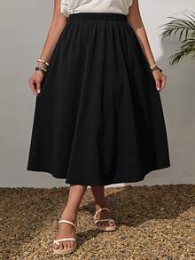SHEIN PETITE CURVE 女款大尺碼黑色夏季休閒優雅登山純色鬆緊腰擺褶鬆身中長 A 字裙，適合海灘、早午餐、辦公室、度假，小個子適用 - 黑色 - 查看 6