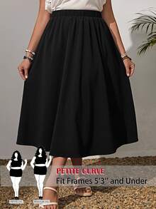 SHEIN PETITE CURVE 女款大尺碼黑色夏季休閒優雅登山純色鬆緊腰擺褶鬆身中長 A 字裙，適合海灘、早午餐、辦公室、度假，小個子適用 - 黑色 - 查看 8
