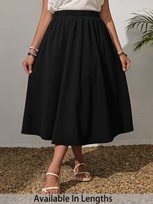 SHEIN PETITE CURVE 女款大尺碼黑色夏季休閒優雅登山純色鬆緊腰擺褶鬆身中長 A 字裙，適合海灘、早午餐、辦公室、度假，小個子適用 - 黑色 - 查看 7