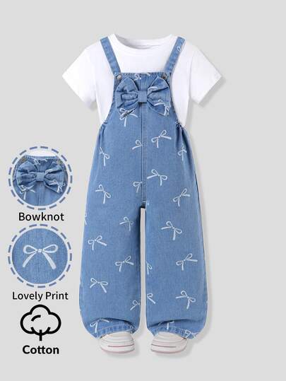 SHEIN Young Girls Fashion Versatile Style Toddler Denim Overalls, Light Blue Washed Denim, Suitable For All Seasons, All-Over Bow Print, Loose Straight-Leg Fit, Perfect For Daily Outings, School And Commuting