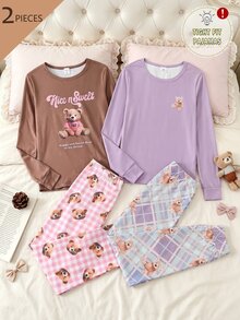 女童愛心與豹紋印花長袖修身四件套居家服（含長褲） - 彩色 - 查看 1