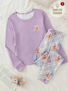 女童愛心與豹紋印花長袖修身四件套居家服（含長褲） - 彩色 - 查看 3