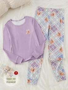 女童愛心與豹紋印花長袖修身四件套居家服（含長褲） - 彩色 - 查看 8