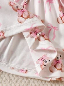 SHEIN Newborn Sweet And Adorable Cartoon Bear Print Dress: Pink Long-Sleeved Dress With Large Bowknot Detail And Matching Hairband For Outings - Baby Pink - View 8
