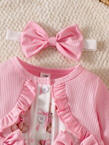 SHEIN Newborn Sweet And Adorable Cartoon Bear Print Dress: Pink Long-Sleeved Dress With Large Bowknot Detail And Matching Hairband For Outings - Baby Pink - View 5