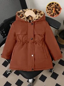 Elladie kids 女童棕色連帽厚填充派克大衣，冬季拉鍊收腰修身兒童抓絨外套，豹紋人造羊羔絨內裡，可調節收腰，適合日常上學、通勤、戶外玩耍、短途旅行、假期、日常穿搭、校園活動 - 棕色 - 查看 6