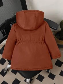 Elladie kids 女童棕色連帽厚填充派克大衣，冬季拉鍊收腰修身兒童抓絨外套，豹紋人造羊羔絨內裡，可調節收腰，適合日常上學、通勤、戶外玩耍、短途旅行、假期、日常穿搭、校園活動 - 棕色 - 查看 3