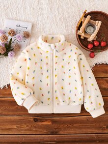 SHEIN Elladie kids 女童清新花卉圖案毛絨拉鍊外套，適合春秋冬季，日常休閒、外出、度假，優雅可愛穿搭 - 杏色 - 查看 5