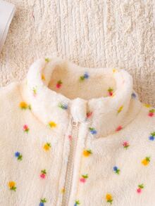 SHEIN Elladie kids 女童清新花卉圖案毛絨拉鍊外套，適合春秋冬季，日常休閒、外出、度假，優雅可愛穿搭 - 杏色 - 查看 11