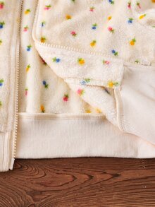SHEIN Elladie kids 女童清新花卉圖案毛絨拉鍊外套，適合春秋冬季，日常休閒、外出、度假，優雅可愛穿搭 - 杏色 - 查看 14