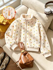 SHEIN Elladie kids 女童清新花卉圖案毛絨拉鍊外套，適合春秋冬季，日常休閒、外出、度假，優雅可愛穿搭 - 杏色 - 查看 4